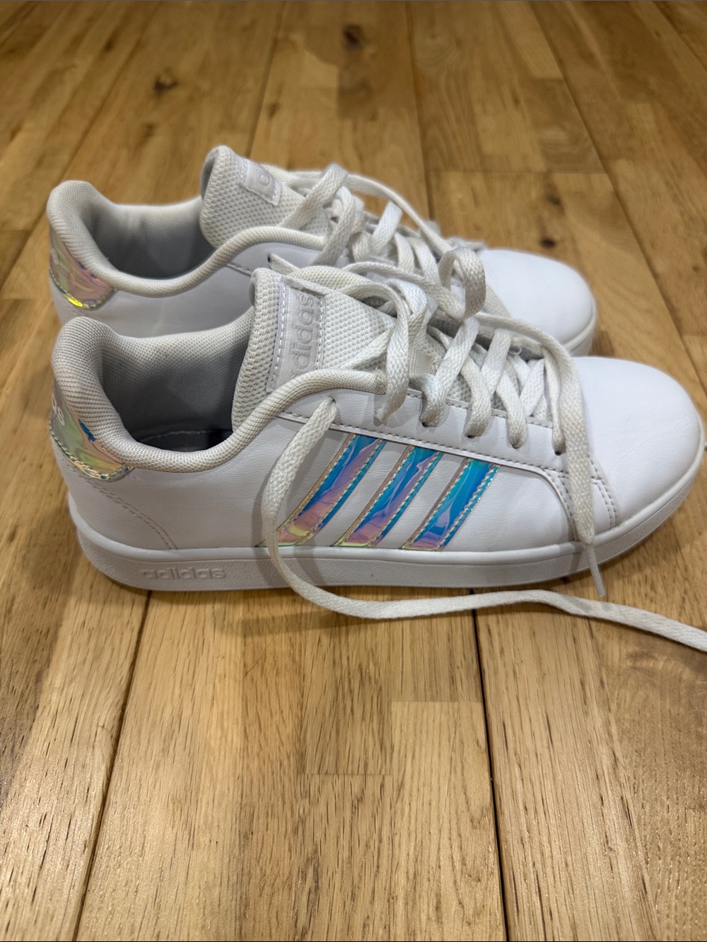 Adidas Kids White Sneakers with Iridescent Stripes